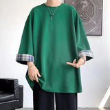 FOESCE  men t shirts Summer Men's T-shirts Women Oversized 2XL Korean Style Loose Plaid T-shirt Casual Seven sleeves T-Shirt Male White