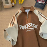 FOESCE Summer Hip Hop Men and Women Trendy Personalized Waffle Half Zipper Retro Design Polo Collar Short Sleeve Couple Casual T-shirt
