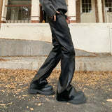 FOESCE New trendy loose straight black leather pants