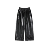 FOESCE Chic Leather Pants High Street Trendy Drawstring Elastic Waist Straight Wide Leg Trousers Summer Hip Hop Trouser Male Clothing