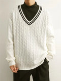 Dark Icon Color Contrast V-neck Pullover Men's Sweater Autumn Korean Style Knitwear Sweater for Men White