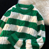 FOESCE Striped Sweater Men's 2025 Autumn and Winter New Splice Pullover O-Neck Fashion Loose Minimalist Casual Long Sleeved Knitted Top
