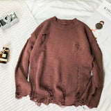 American Lazy Streetwear Men Wind O-neck Knitted Ripped Sweater Retro Couple Loose Pullovers Men Knitwear Hole Sweaters E91