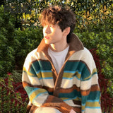 Striped Men Cardigan Sweater Contrast Color Turn Down Collar Long Sleeve 2024 Korea Fashion Male Tops Casual 24E2754