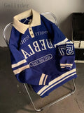 American Retro Lapel Sweater Men Hip Hop Vintage Street Letter Pullover Unisex Grunge Punk Preppy Striped Racing Top