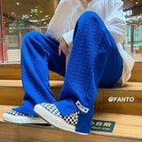 FOESCE Men High Street Sweatpants Fashion Loose Casual Side Slit Straight-Leg Pants Vintage Blue Jacquard Casual Bottoms Male Clothes