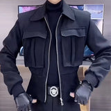 FOESCE Mens Big Pocket Biker Short Jacket 2025 New Genderless Autumn Winter Fashion Workwear Functional Style Solid Color Jacket Unisex