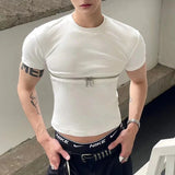 FOESCE Fashion Crop Tops Men T Shirt Zipper Solid O-neck Short Sleeve T Shirt Summer Y2k Streetwear Unisex Short Tees Casual Camisetas