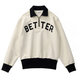 FOESCE Autumn American Retro 460G Thick Velvet Letter Printed Knitted Hoodies Men's 100% Cotton Washed Heavyweight Half Zip Sweatshirt