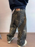 Tan Leopard Jeans Men Denim Pants Male Oversize Wide Leg Trousers Streetwear Hip Hop Vintage Loose Casual Animal Print