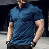 FOESCE Men's Summer solid color Daily casual cargo Style Stitching Arm Pocket Design slim lapel short-Sleeved muscle Sports Polo shirt