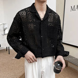 Shirts Men Transparent Mesh Lace Shirt Fall Long Sleeve Vintage Breasted Collar Shirts Fashion Embroidery Mens Streetwear