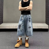 American Style Street Graffiti Printing Denim Mid Waist Men Women Loose Fit Trendy Vintage Style Seven Point Shorts