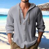 FOESCE Summer Men's Linen Shirt Solid Streetwear Long Sleeve Hoodie Cardigan Clothing For Men Button Tops Casual Loose Men Hooded Shirt