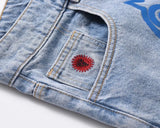 Foesce Summer original color washed flying dog print denim shorts beach trend loose fashion couple quarter pants straight casual pants