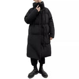 FOESCE Winter Street Long Solid Color Cotton Jacket Mens Design Warm Stand Collar Cotton Jacket Loose All-Match Knee-Length Y2k Jacket