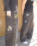 Foesce Retro American High Street Embroidered Jeans Black Baggy Patchwork Y2K Goth Men Denim Pants Fashion Hip Hop Wide-leg Jeans Women