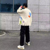 FOESCE Mens Sweater Graffiti Contrast Color Ripped Casual Knit Sweater Autumn Fashion Streetwear Versatile Long-Sleeved Top Men'S Wear