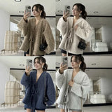 FOESCE Luxury Women Autumn Winter Tweed Jacket Urban Coat V-neck Lace-up New Loose Casual Solid Jacket Design Outerwear Lady's Tops New