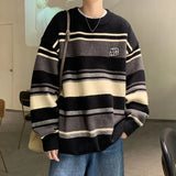 FOESCE Literature and Art Men's Loose Stripe Round Neck Knitwear Men's Autumn Oversize Lazy Sweater men coat winter clothes sweter