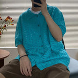FOESCE Mens Japanese Jacquard Hollow Knitted Short-Sleeve Shirt New Sexy Solid Color Casual Simple Outer Lapel Casual Half-Sleeve Top