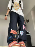FOESCE 2025 American style checkered patchwork rolled edge jeans for men and women, wide leg straight leg loose casual couple pants