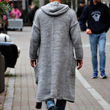 FOESCE Sweater Men's Trench Coats Knitted Long Sleeve Button Knit Hooded Cardigan Fall Winter Men Overcoats Streetwear Vintage Sweaters