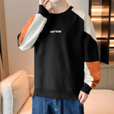 FOESCE Men's 2025 Spring New Round Neck Contrast Color Patchwork Letters Printed Sweatshirt Loose Trendy Long Sleeve Bottom Casual Tops