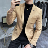 FOESCE Men's Deerskin Fleece Jacket Suit Coat Blazer Men's Business Leisure Slim Fit Brand Fashion High Quality Single Button Suit Coat