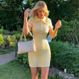 FOESCE Talenza Knitted Elegant Ruffle Mini Dress Women's Retro Single Breasted Dress Sexy Short Sleeve Solid Color Slim Fit Mini Dress