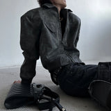 FOESCE Mens Autumn Winter American Street Retro Distressed Suede Jacket Gender-Neutral Short Loose Casual Trend Biker Jacket Unisex