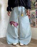 FOESCE American Baggy Washed Jeans Retro Harajuku Cartoon Print Straight-Shirt-Legging Pants Men Casual Loose Hip Hop Streetwear Women