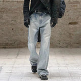 FOESCE Harajuku Streetwear Washed Vintage Solid Jeans Men's Y2K Straight Baggy Flare Pants Unisex Oversized Casual Denim Trousers