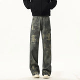 FOESCE NEW Jeans Leopard Personality design Pockets Wide Leg Jeans Male American Style High Street Denim Pants Classic Denim Trousers