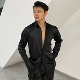 FOESCE Satin Latin Dance Shirts For Men Long Sleeves Practice Dance Clothes White/Black/Navy/Brown/Green Ballroom Dance Tops DNV17466