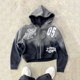 FOESCE Street New Gradient Retro Washed Zipper Hoodie Printed Hoodie American Hooded Long Sleeve Sports Men and Women Streetwear