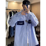 FOESCE 2025 Spring and Autumn Men's New Splicing Square Collar Button Pocket Striped Letter Fashion Loose Casual Long Sleeve Shirts
