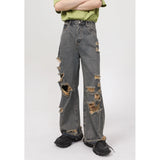 FOESCE STUDIOS 2025 Summer New Korean Edition Personalized Straight Barrel Broken Hole Beggar Casual Jeans men's for Men streetwear