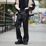 FOESCE Autumn Winter Men's Leather Motorcycle Pants Black Punk PU Pants Men Women Straight Mopping Trousers Streetwear Waterproof