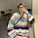 FOESCE Literature and Art Men's Loose Stripe Round Neck Knitwear Men's Autumn Oversize Lazy Sweater men coat winter clothes sweter