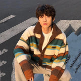 Striped Men Cardigan Sweater Contrast Color Turn Down Collar Long Sleeve 2024 Korea Fashion Male Tops Casual 24E2754