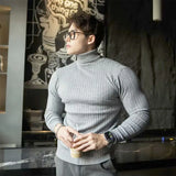 FOESCE New Men's Turtleneck Sweaters Autumn Knitted Striped Streetwear Warm Long Sleeved Pullover Solid Color Basic Style Casual Tops