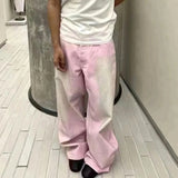 FOESCE Streetwear Gradient Color Washed Pink Dirty Jeans for Men and Women Straight Casual Baggy Denim Trousres Oversized Loose Cargos
