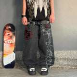 Y2K Streetwear Baggy Jeans Men Harajuku Trend Embroidery Pattern Hip Hop Vintage Denim Pants Straight Casual Wide Leg Trousers
