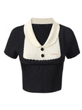 FOESCE Summer Women Korean Fashion Gyaru Polo Collar Crop Top Short Sleeve Patchwork Contrast Color Kint Tees Design Vintage T-Shirts