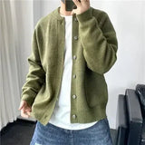 FOESCE Man Clothes Round Collar Plain Knitted Sweaters for Men Crewneck Solid Color Cardigan Green Black Japanese Harajuku Fashion Neck