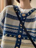 Vintage Cardigan Sweater Men Blue Long Sleeve Striped Sweater Coat V-neck Casual Knitted Jumpers Male Korean Clothes
