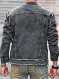FOESCE 1Pc Men's Four Seasons Destroyed Stone Washed Light Jacket Daily American Street Casual Denim Jacket (No Hood/No Accessories)