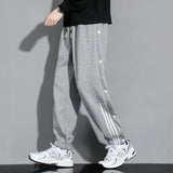 FOESCE Men's Spring Autumn Elastic High Waist Pockets Striped Button Drawstring Loose Casual Clothing Trousers Bloomers Vintage Pants
