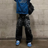 FOESCE Hip Hop Fashion Y2k Street High Waist Gothic Skull Geometry Men Jeans American Retro Couples Straight Loose Pants